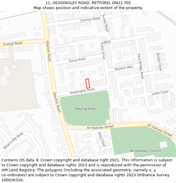 11, HEADINGLEY ROAD, RETFORD, DN22 7EE: Location map and indicative extent of plot