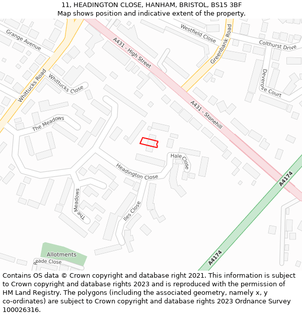 11, HEADINGTON CLOSE, HANHAM, BRISTOL, BS15 3BF: Location map and indicative extent of plot