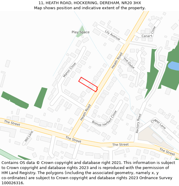 11, HEATH ROAD, HOCKERING, DEREHAM, NR20 3HX: Location map and indicative extent of plot