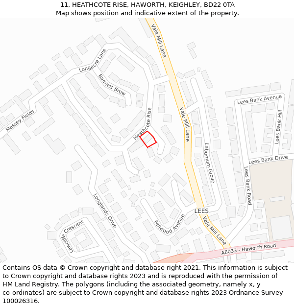 11, HEATHCOTE RISE, HAWORTH, KEIGHLEY, BD22 0TA: Location map and indicative extent of plot