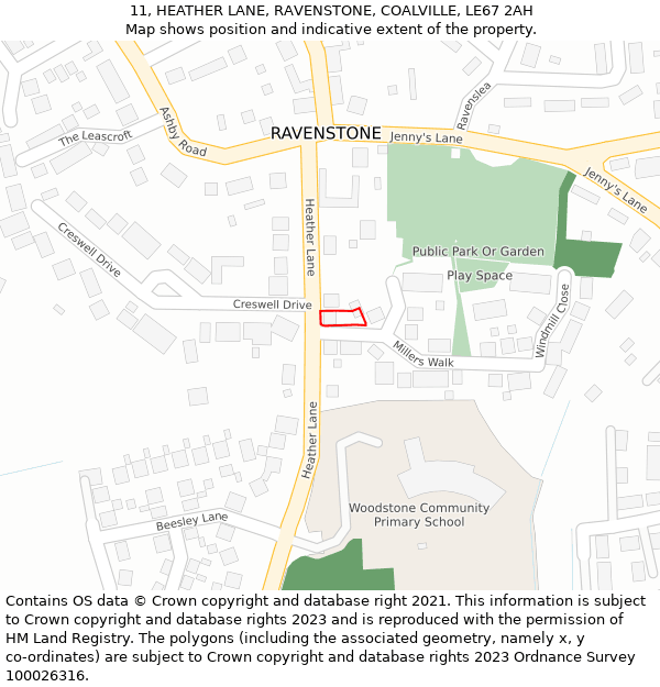 11, HEATHER LANE, RAVENSTONE, COALVILLE, LE67 2AH: Location map and indicative extent of plot