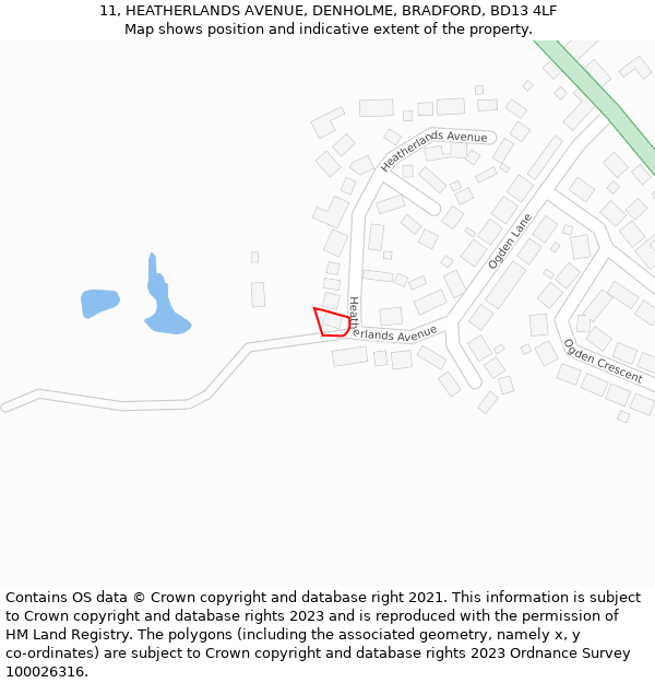 11, HEATHERLANDS AVENUE, DENHOLME, BRADFORD, BD13 4LF: Location map and indicative extent of plot