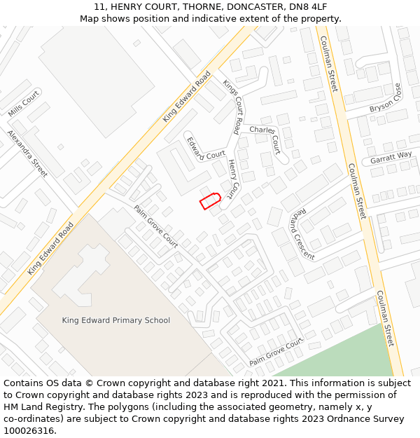 11, HENRY COURT, THORNE, DONCASTER, DN8 4LF: Location map and indicative extent of plot