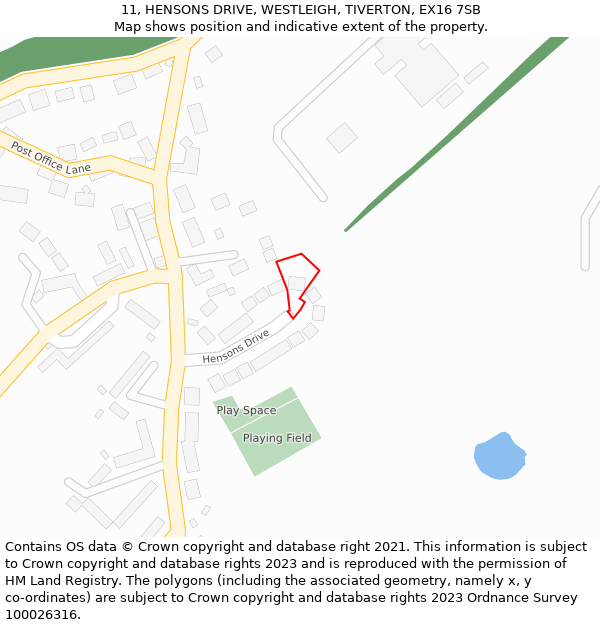 11, HENSONS DRIVE, WESTLEIGH, TIVERTON, EX16 7SB: Location map and indicative extent of plot