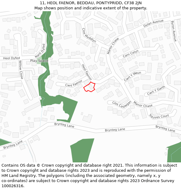 11, HEOL FAENOR, BEDDAU, PONTYPRIDD, CF38 2JN: Location map and indicative extent of plot