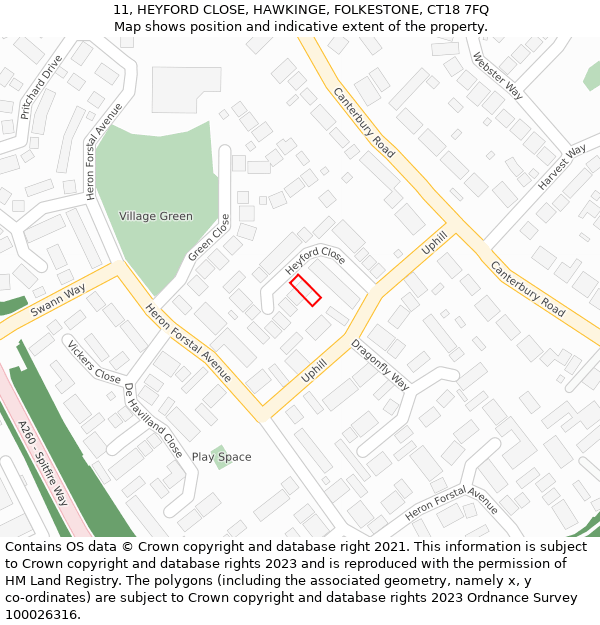 11, HEYFORD CLOSE, HAWKINGE, FOLKESTONE, CT18 7FQ: Location map and indicative extent of plot