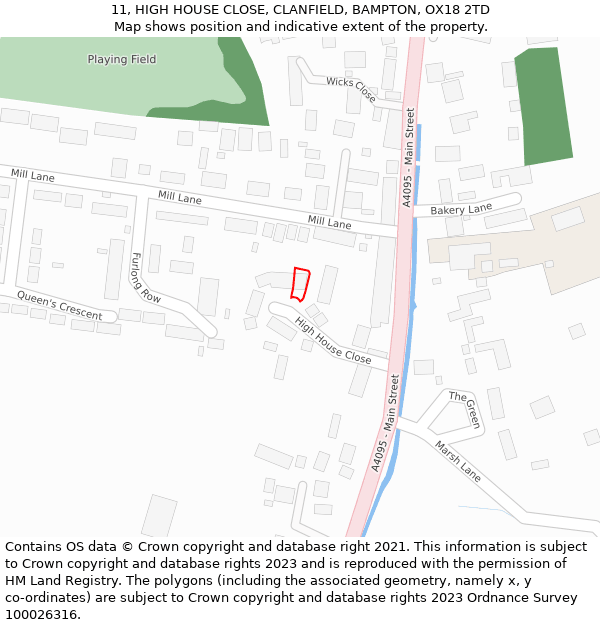 11, HIGH HOUSE CLOSE, CLANFIELD, BAMPTON, OX18 2TD: Location map and indicative extent of plot