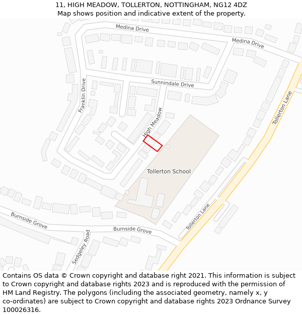 11, HIGH MEADOW, TOLLERTON, NOTTINGHAM, NG12 4DZ: Location map and indicative extent of plot