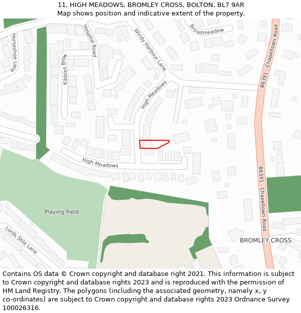 11, HIGH MEADOWS, BROMLEY CROSS, BOLTON, BL7 9AR: Location map and indicative extent of plot