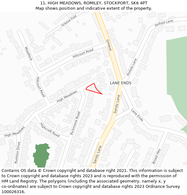 11, HIGH MEADOWS, ROMILEY, STOCKPORT, SK6 4PT: Location map and indicative extent of plot