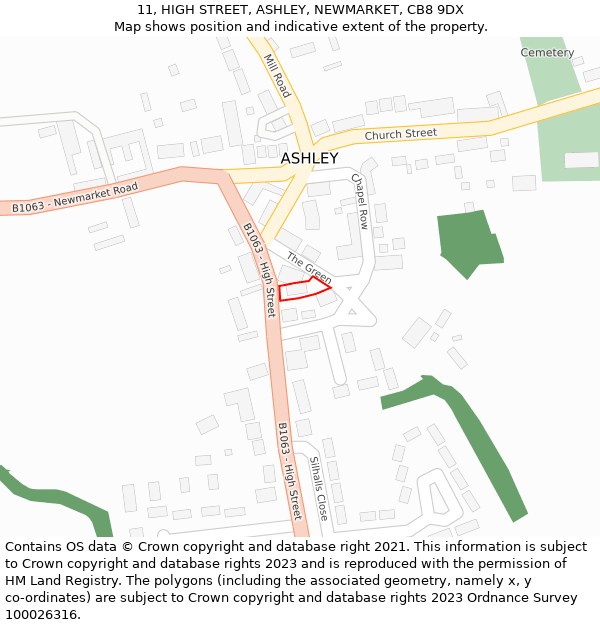 11, HIGH STREET, ASHLEY, NEWMARKET, CB8 9DX: Location map and indicative extent of plot