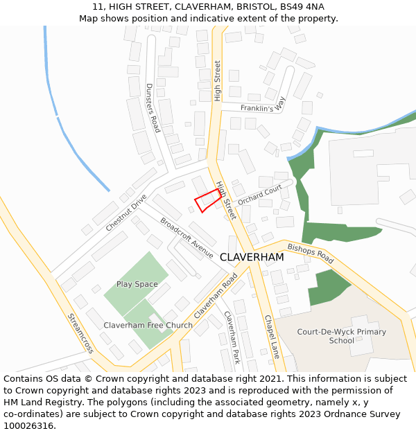 11, HIGH STREET, CLAVERHAM, BRISTOL, BS49 4NA: Location map and indicative extent of plot