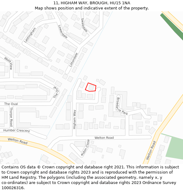 11, HIGHAM WAY, BROUGH, HU15 1NA: Location map and indicative extent of plot