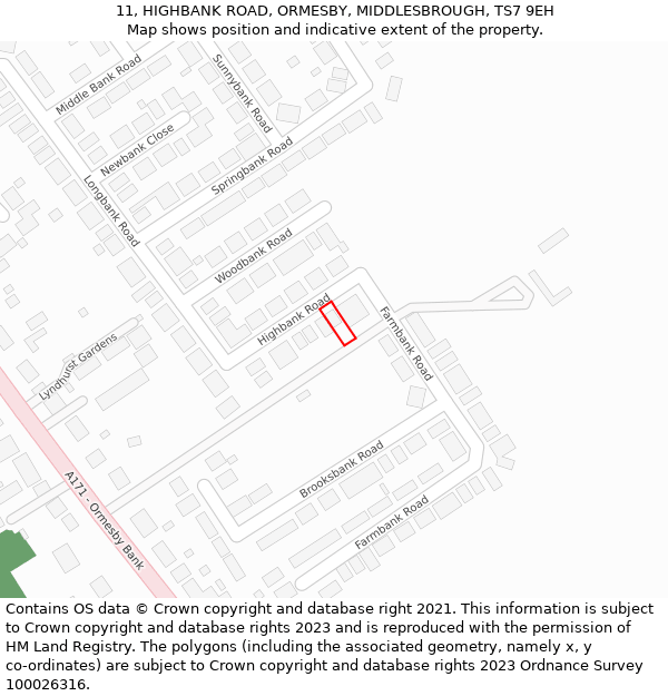 11, HIGHBANK ROAD, ORMESBY, MIDDLESBROUGH, TS7 9EH: Location map and indicative extent of plot