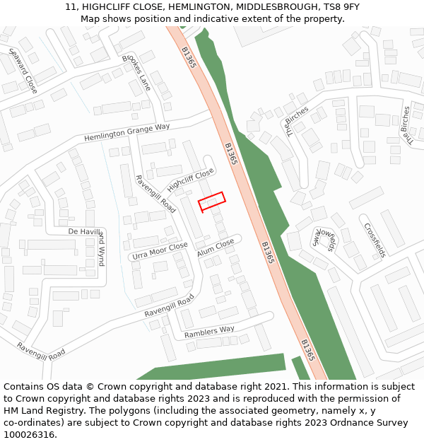 11, HIGHCLIFF CLOSE, HEMLINGTON, MIDDLESBROUGH, TS8 9FY: Location map and indicative extent of plot