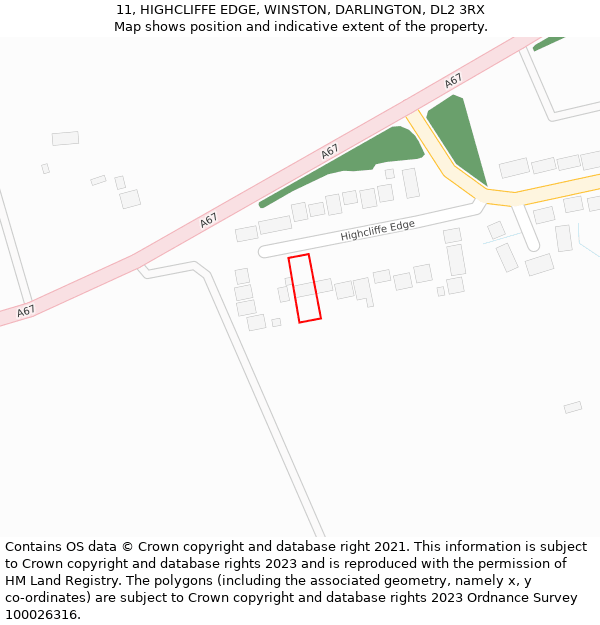 11, HIGHCLIFFE EDGE, WINSTON, DARLINGTON, DL2 3RX: Location map and indicative extent of plot