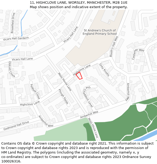 11, HIGHCLOVE LANE, WORSLEY, MANCHESTER, M28 1UE: Location map and indicative extent of plot