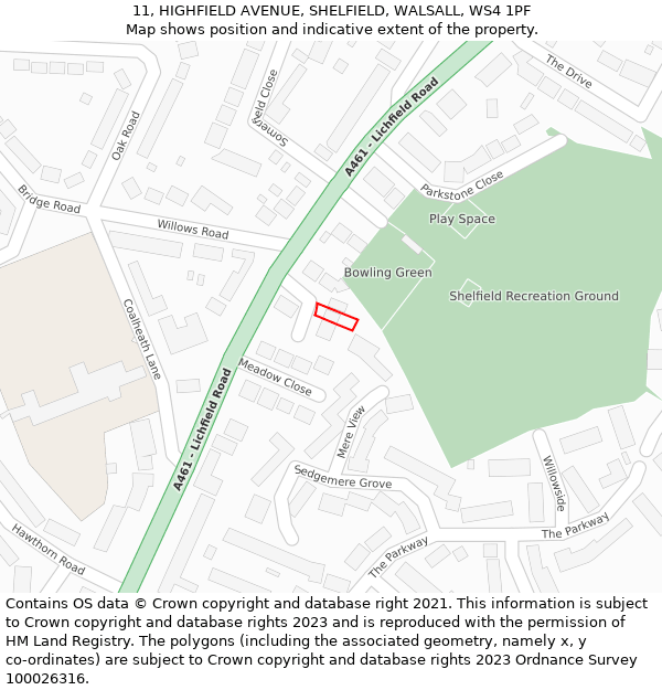 11, HIGHFIELD AVENUE, SHELFIELD, WALSALL, WS4 1PF: Location map and indicative extent of plot