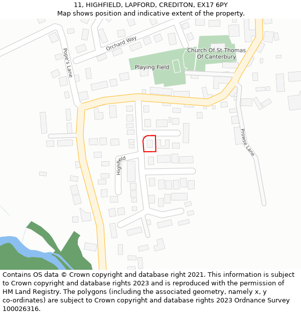 11, HIGHFIELD, LAPFORD, CREDITON, EX17 6PY: Location map and indicative extent of plot