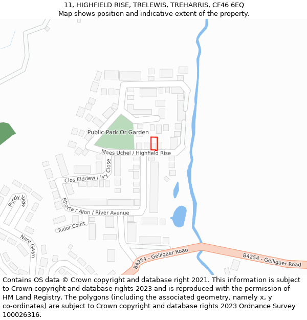 11, HIGHFIELD RISE, TRELEWIS, TREHARRIS, CF46 6EQ: Location map and indicative extent of plot