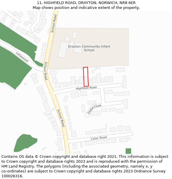 11, HIGHFIELD ROAD, DRAYTON, NORWICH, NR8 6ER: Location map and indicative extent of plot