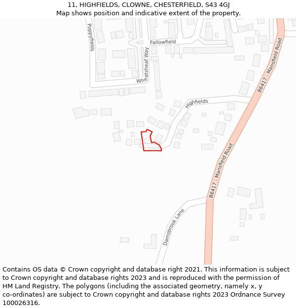 11, HIGHFIELDS, CLOWNE, CHESTERFIELD, S43 4GJ: Location map and indicative extent of plot