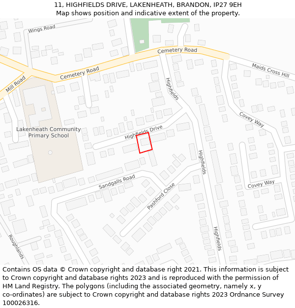 11, HIGHFIELDS DRIVE, LAKENHEATH, BRANDON, IP27 9EH: Location map and indicative extent of plot