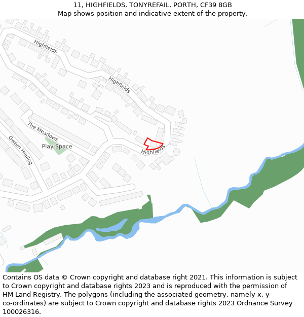 11, HIGHFIELDS, TONYREFAIL, PORTH, CF39 8GB: Location map and indicative extent of plot