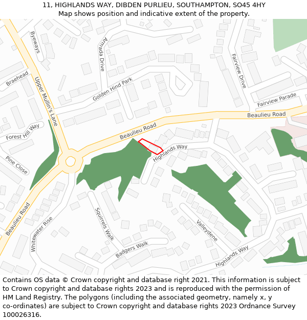 11, HIGHLANDS WAY, DIBDEN PURLIEU, SOUTHAMPTON, SO45 4HY: Location map and indicative extent of plot