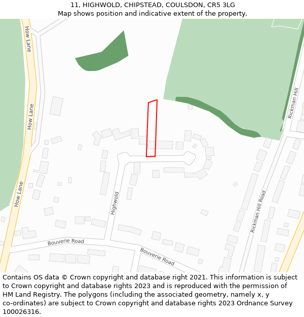 11, HIGHWOLD, CHIPSTEAD, COULSDON, CR5 3LG: Location map and indicative extent of plot