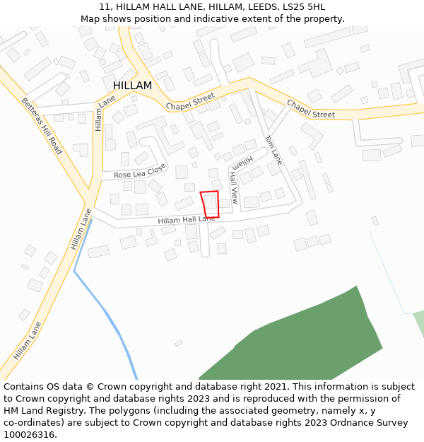 11, HILLAM HALL LANE, HILLAM, LEEDS, LS25 5HL: Location map and indicative extent of plot