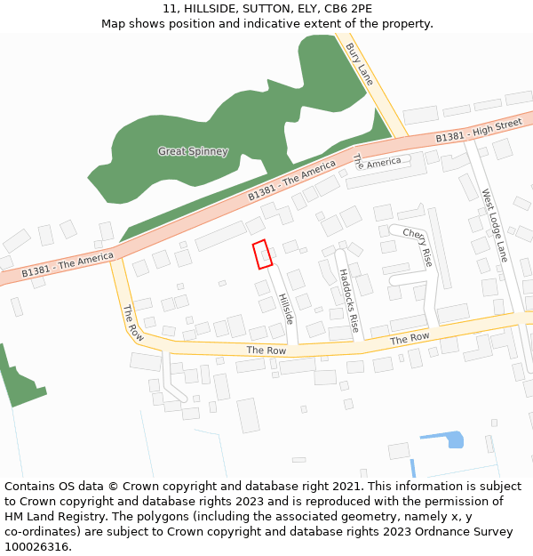 11, HILLSIDE, SUTTON, ELY, CB6 2PE: Location map and indicative extent of plot