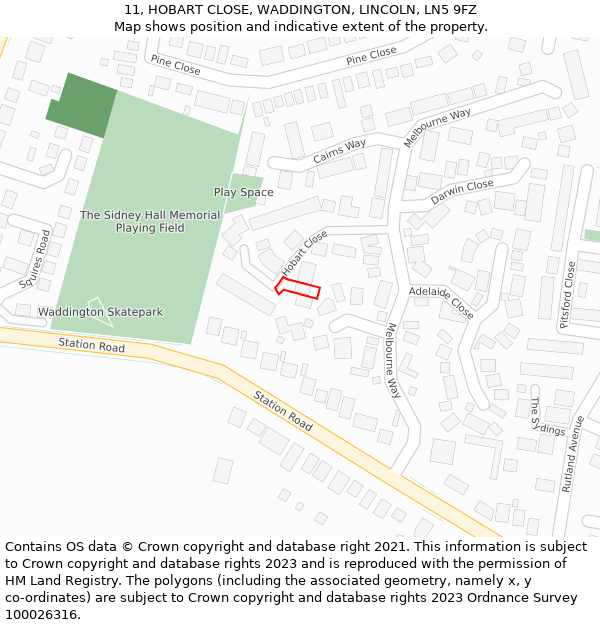 11, HOBART CLOSE, WADDINGTON, LINCOLN, LN5 9FZ: Location map and indicative extent of plot