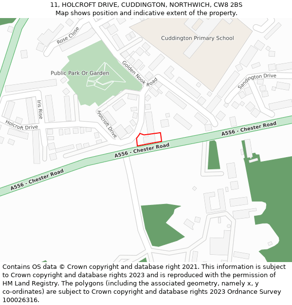 11, HOLCROFT DRIVE, CUDDINGTON, NORTHWICH, CW8 2BS: Location map and indicative extent of plot