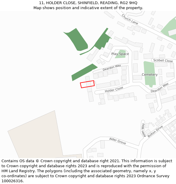 11, HOLDER CLOSE, SHINFIELD, READING, RG2 9HQ: Location map and indicative extent of plot