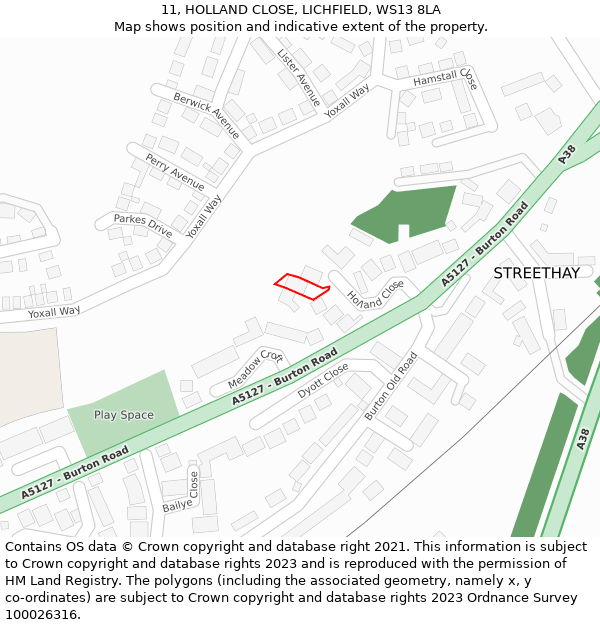 11, HOLLAND CLOSE, LICHFIELD, WS13 8LA: Location map and indicative extent of plot