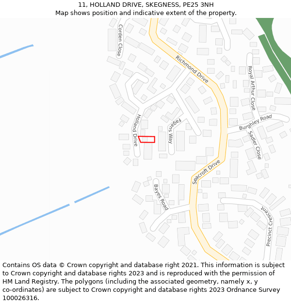 11, HOLLAND DRIVE, SKEGNESS, PE25 3NH: Location map and indicative extent of plot