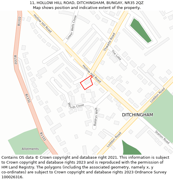 11, HOLLOW HILL ROAD, DITCHINGHAM, BUNGAY, NR35 2QZ: Location map and indicative extent of plot