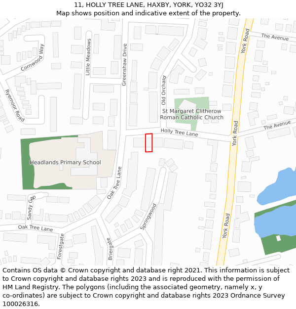 11, HOLLY TREE LANE, HAXBY, YORK, YO32 3YJ: Location map and indicative extent of plot