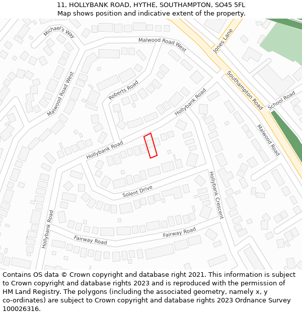 11, HOLLYBANK ROAD, HYTHE, SOUTHAMPTON, SO45 5FL: Location map and indicative extent of plot