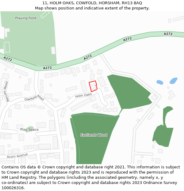 11, HOLM OAKS, COWFOLD, HORSHAM, RH13 8AQ: Location map and indicative extent of plot