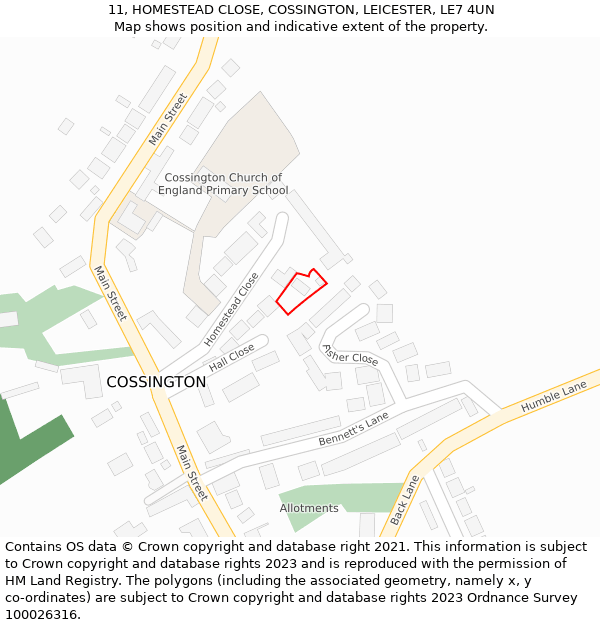 11, HOMESTEAD CLOSE, COSSINGTON, LEICESTER, LE7 4UN: Location map and indicative extent of plot