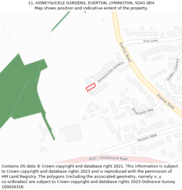 11, HONEYSUCKLE GARDENS, EVERTON, LYMINGTON, SO41 0EH: Location map and indicative extent of plot