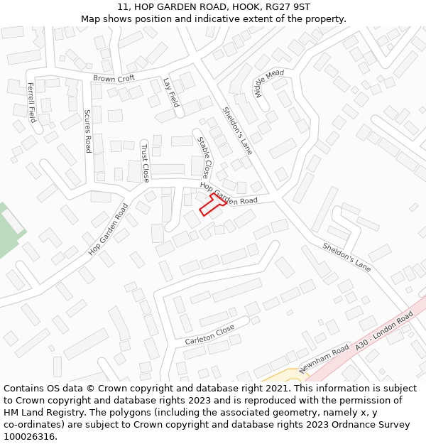 11, HOP GARDEN ROAD, HOOK, RG27 9ST: Location map and indicative extent of plot