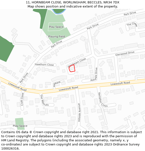 11, HORNBEAM CLOSE, WORLINGHAM, BECCLES, NR34 7DX: Location map and indicative extent of plot