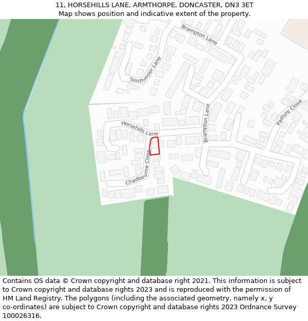 11, HORSEHILLS LANE, ARMTHORPE, DONCASTER, DN3 3ET: Location map and indicative extent of plot