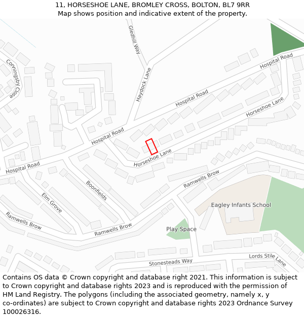 11, HORSESHOE LANE, BROMLEY CROSS, BOLTON, BL7 9RR: Location map and indicative extent of plot