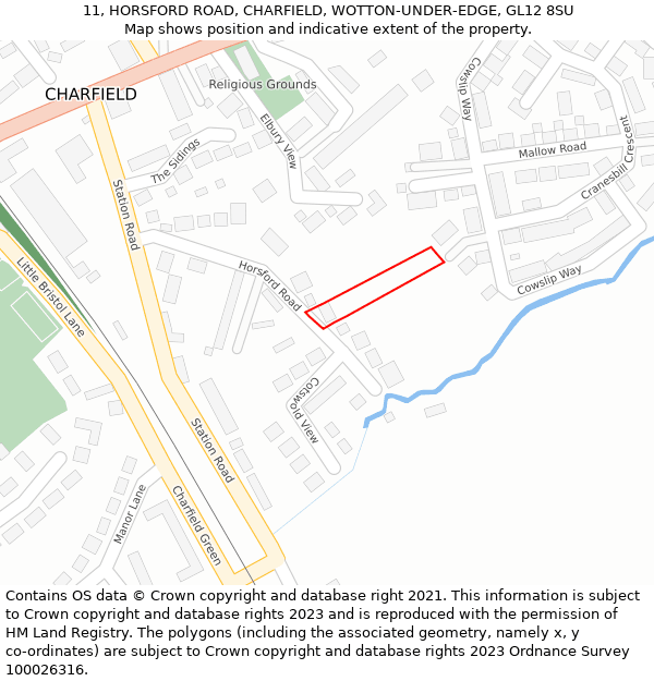 11, HORSFORD ROAD, CHARFIELD, WOTTON-UNDER-EDGE, GL12 8SU: Location map and indicative extent of plot