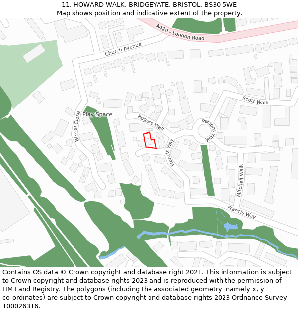 11, HOWARD WALK, BRIDGEYATE, BRISTOL, BS30 5WE: Location map and indicative extent of plot