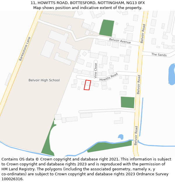 11, HOWITTS ROAD, BOTTESFORD, NOTTINGHAM, NG13 0FX: Location map and indicative extent of plot